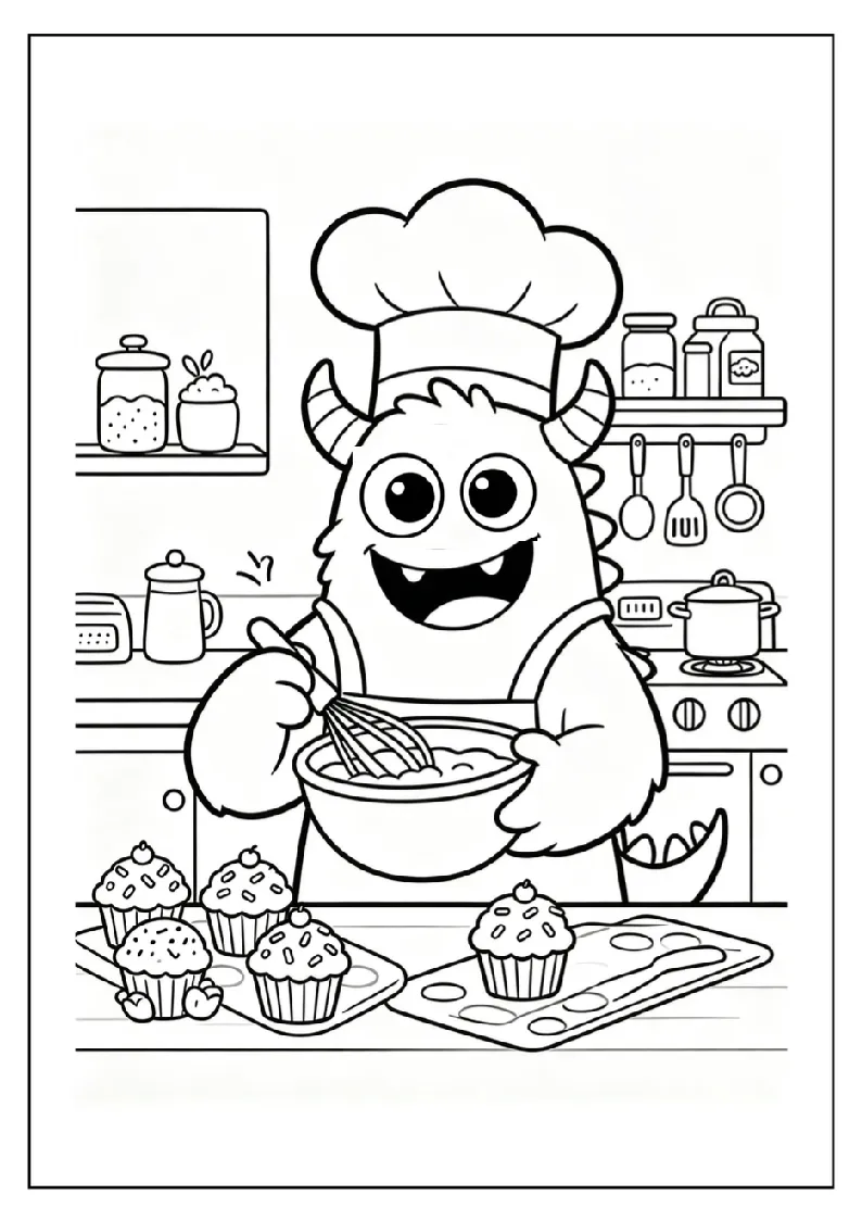 Monster Baking Cupcakes in the Kitchen coloring page, black outline drawing ready to print