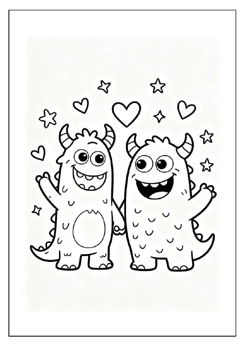 Monster Best Friends Holding Hands coloring page, black outline drawing ready to print
