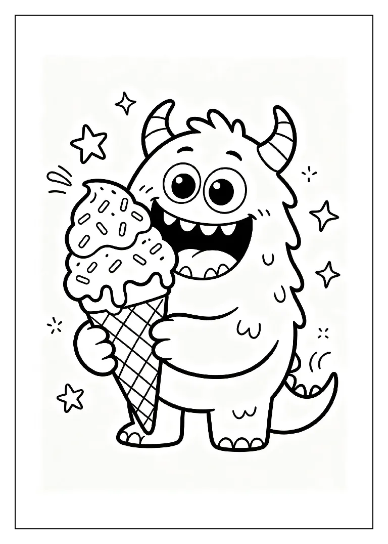 Monster Eating a Giant Ice Cream Cone coloring page, black outline drawing ready to print