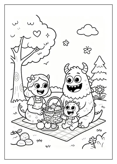 Monster Family Having a Picnic coloring page