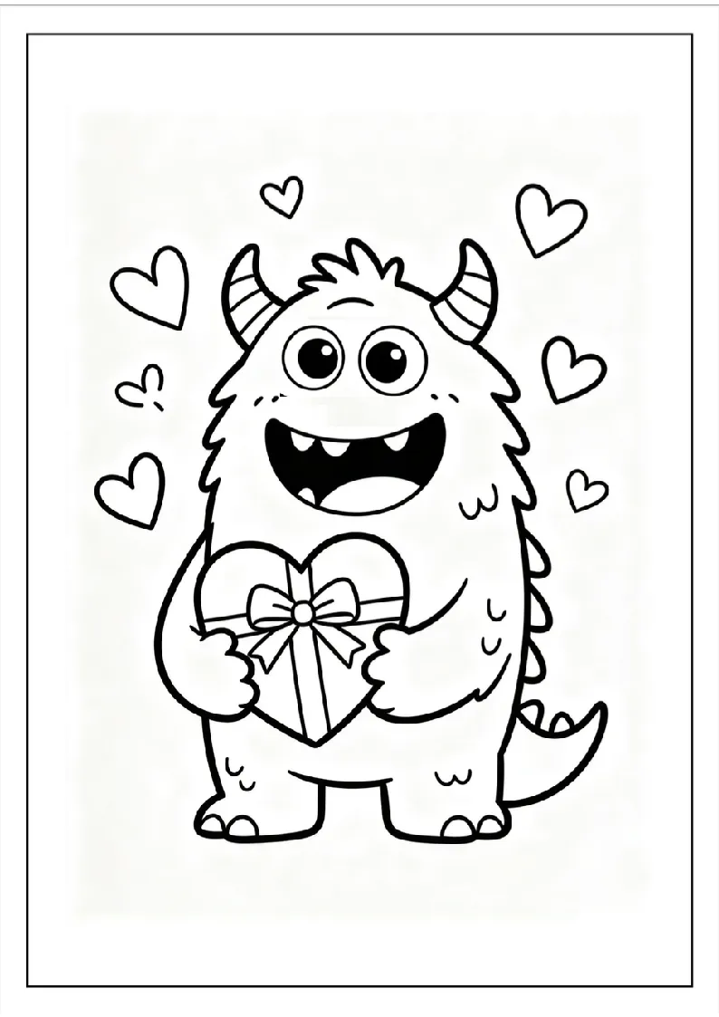 Monster Giving a Heart-Shaped Gift coloring page, black outline drawing ready to print