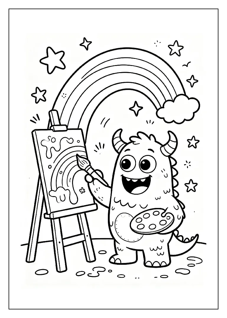 Monster Painting a Rainbow coloring page, black outline drawing ready to print
