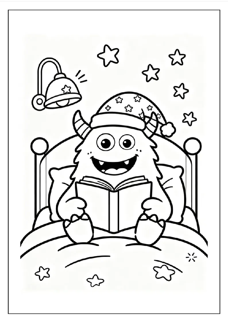Monster Reading a Bedtime Story coloring page, black outline drawing ready to print