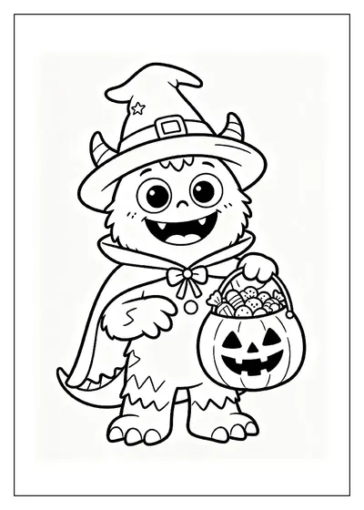 Monster Trick-or-Treating with a Candy Bucket coloring page
