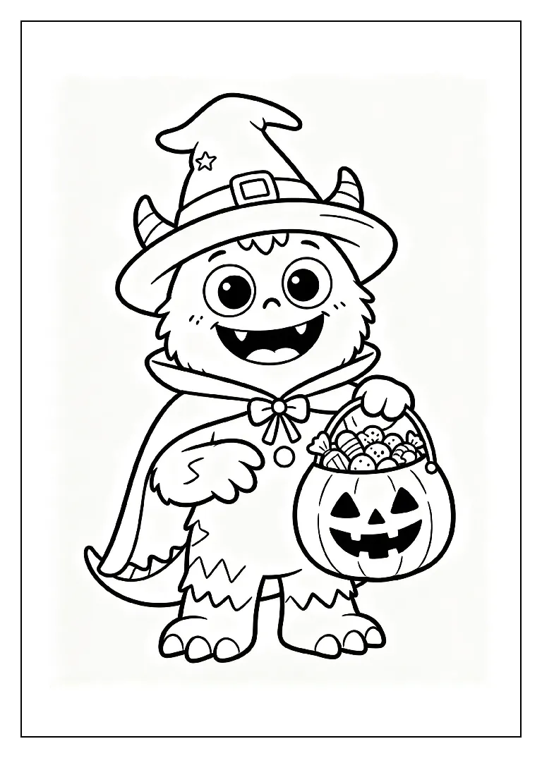 Monster Trick-or-Treating with a Candy Bucket coloring page, black outline drawing ready to print