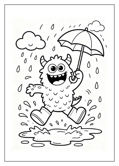 Monster Wearing Rain Boots in Puddles coloring page