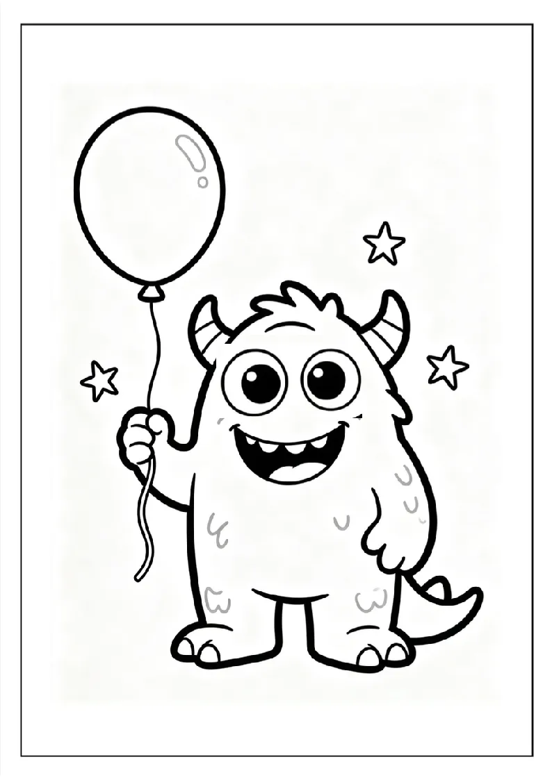 One-Eyed Monster Holding a Balloon coloring page, black outline drawing ready to print