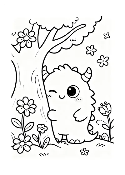 Shy Monster Hiding Behind a Tree coloring page