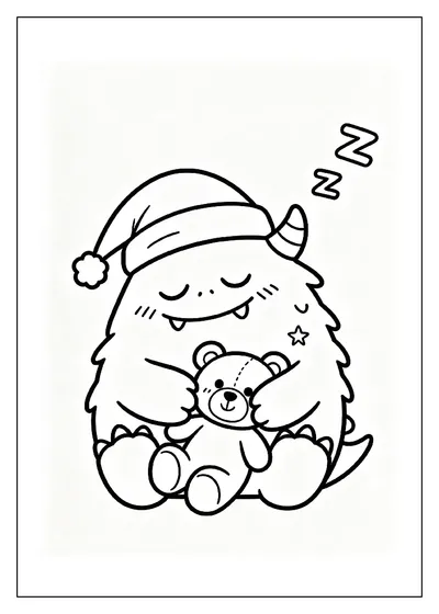 Sleepy Monster Cuddling a Teddy Bear coloring page