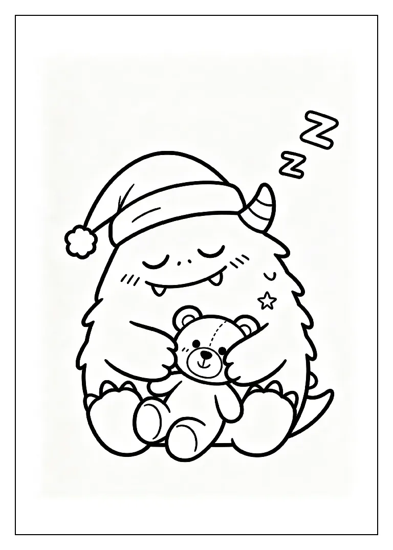 Sleepy Monster Cuddling a Teddy Bear coloring page, black outline drawing ready to print