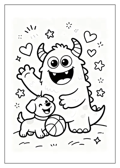 Smiling Monster Playing with a Puppy coloring page