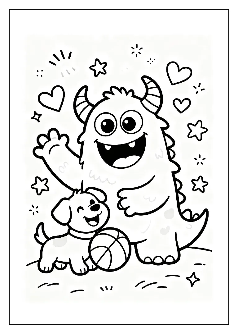 Smiling Monster Playing with a Puppy coloring page, black outline drawing ready to print