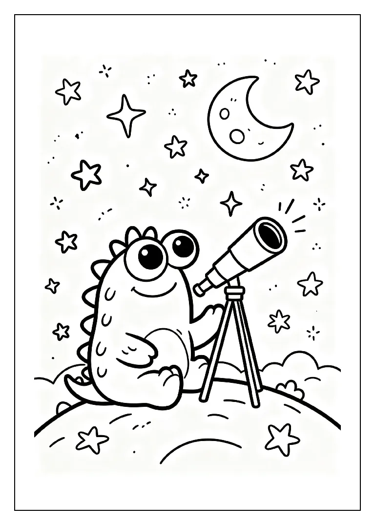 Three-Eyed Monster Stargazing on a Hill coloring page, black outline drawing ready to print
