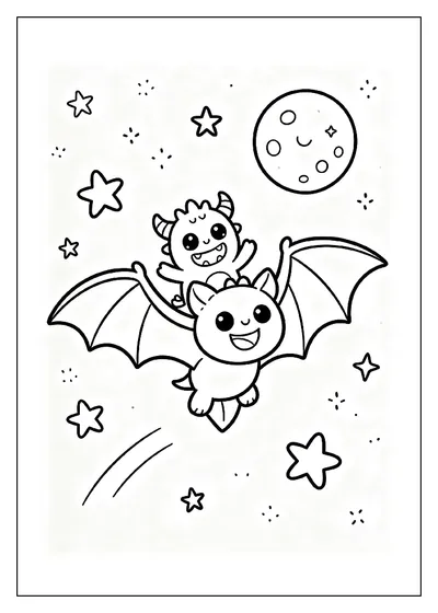 Tiny Monster Riding a Friendly Bat coloring page