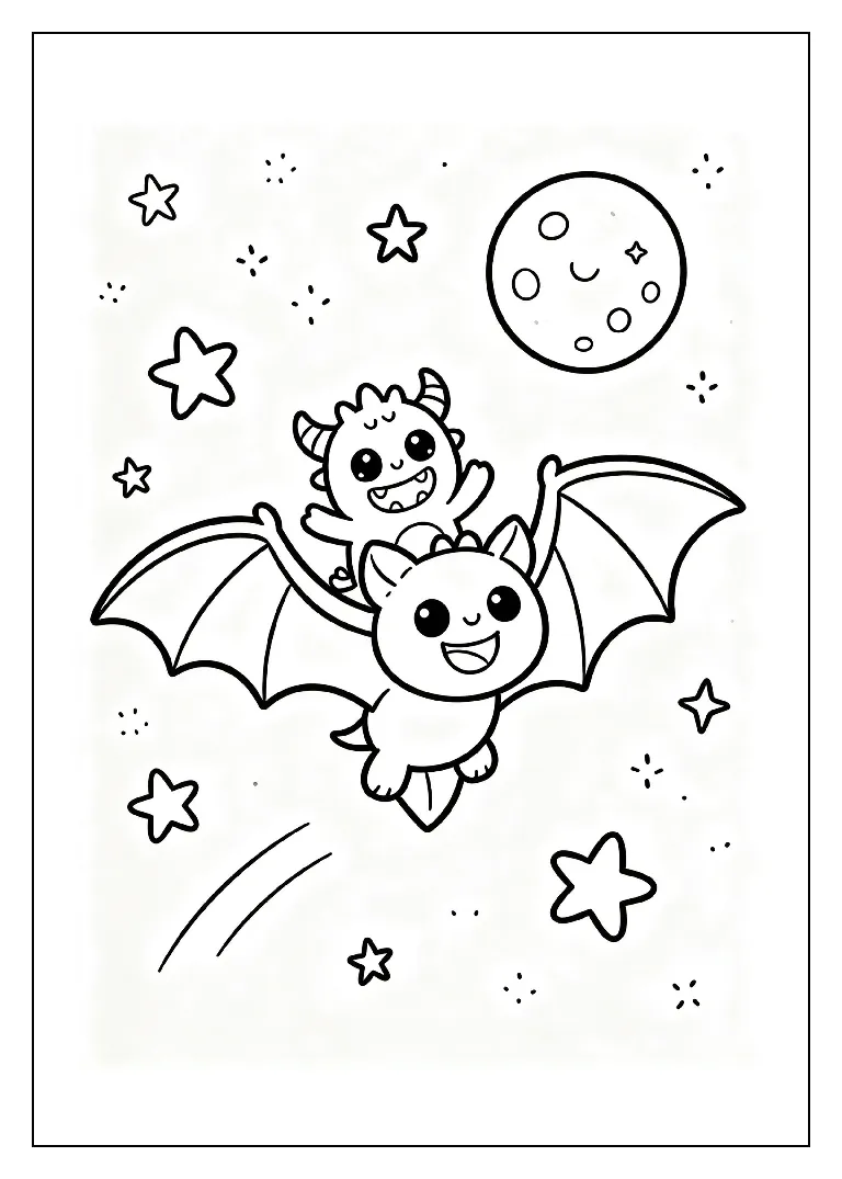 Tiny Monster Riding a Friendly Bat coloring page, black outline drawing ready to print
