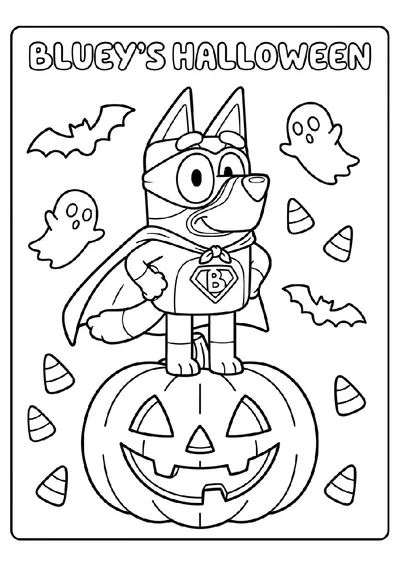 Superhero Bluey on a Halloween Pumpkin coloring page