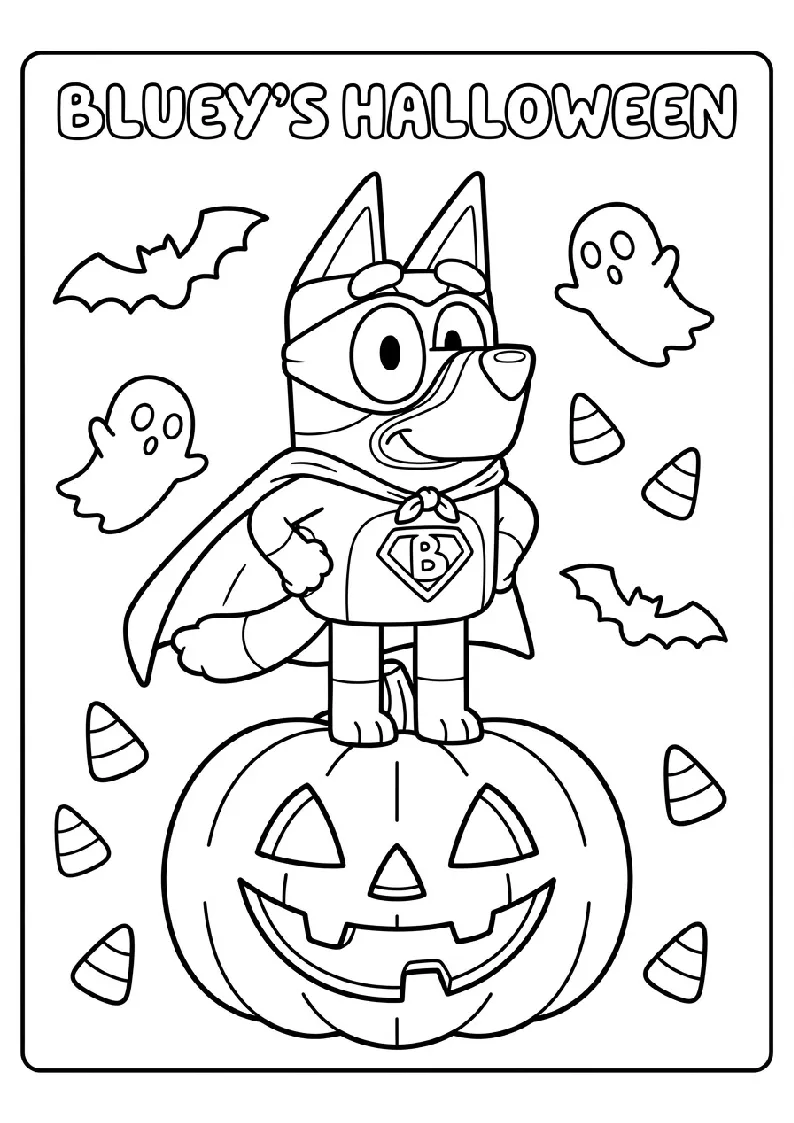 Superhero Bluey on a Halloween Pumpkin coloring page, black outline drawing ready to print