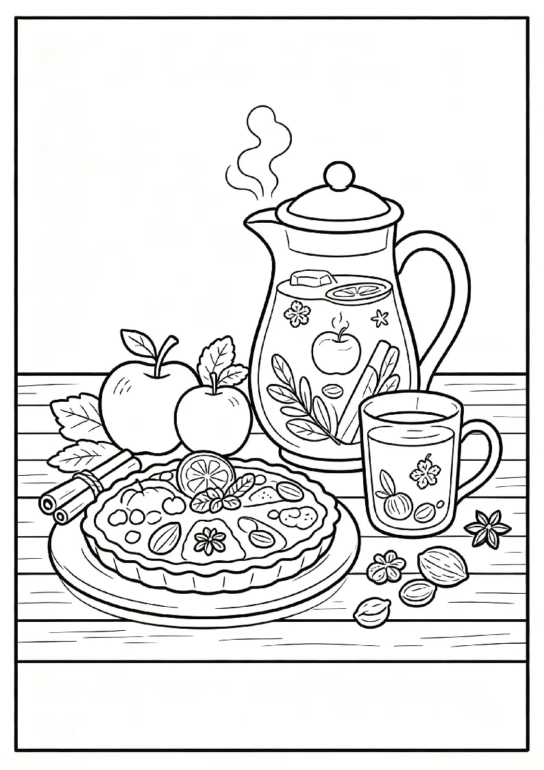 Apple Cider and Harvest Treats coloring page, black outline drawing ready to print