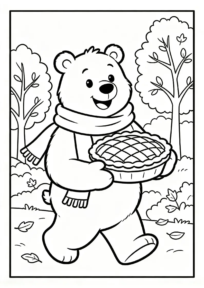 Bear Carrying a Pie to the Feast coloring page, black outline drawing ready to print