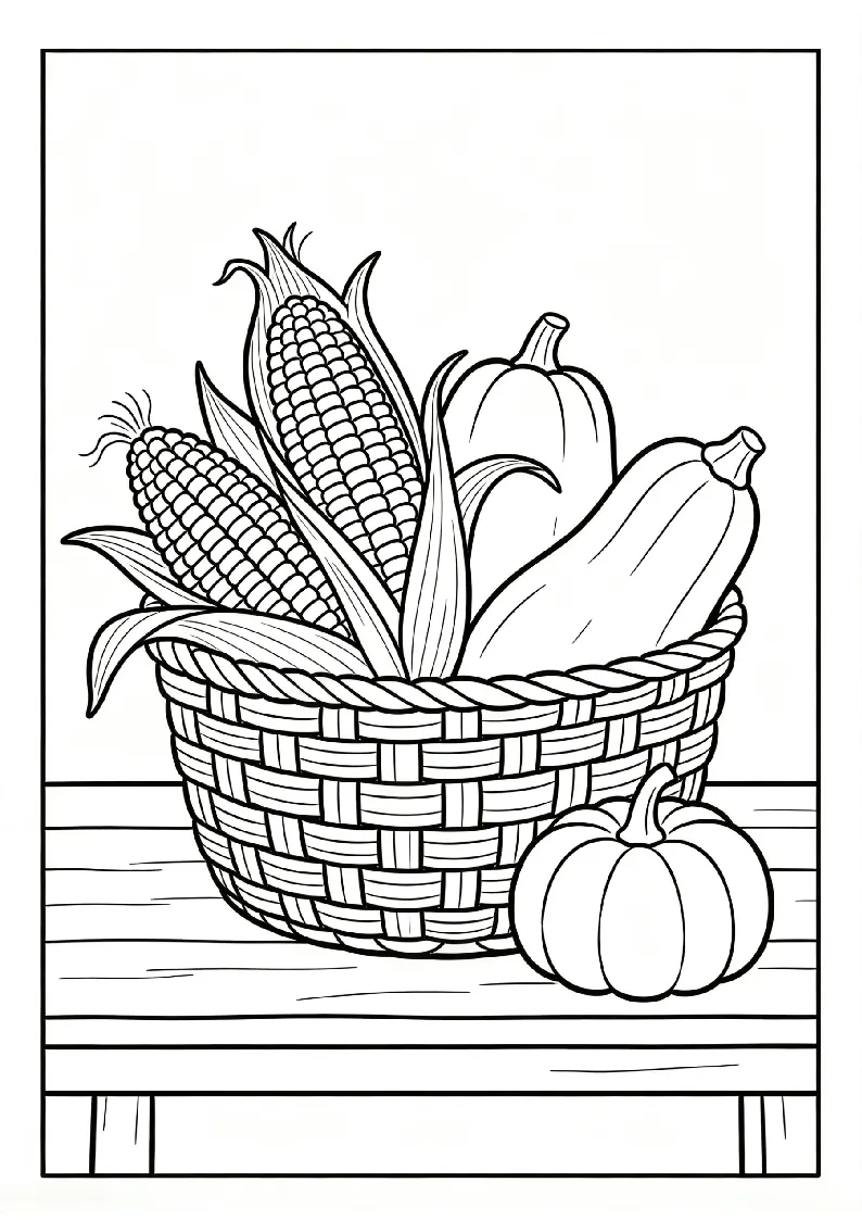 Corn on the Cob and Squash Basket coloring page, black outline drawing ready to print