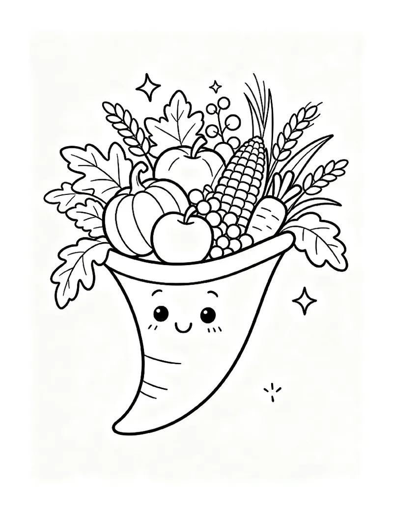 Smiling Cornucopia coloring page, black outline drawing ready to print