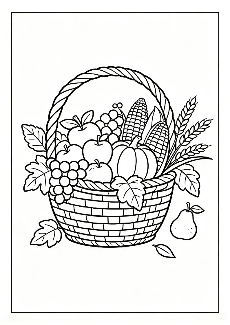 Cornucopia Overflowing with Harvest coloring page, black outline drawing ready to print