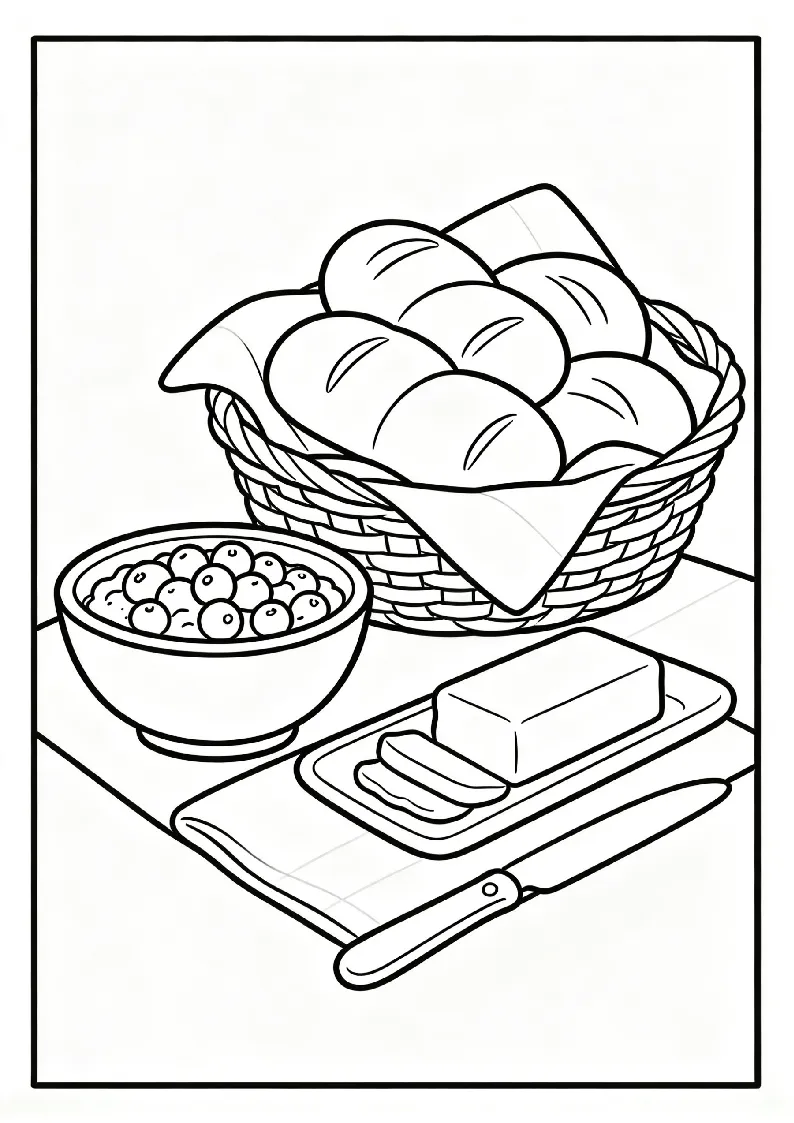 Cranberry Sauce and Dinner Rolls coloring page, black outline drawing ready to print