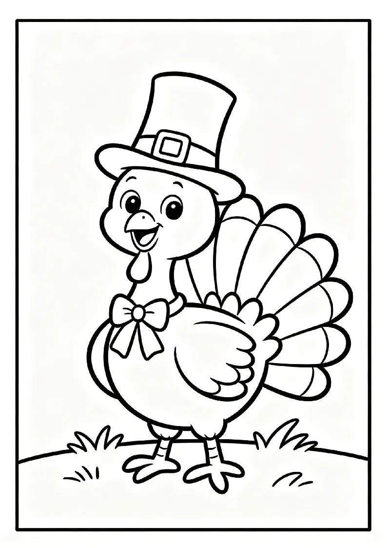 Cute Turkey Wearing a Pilgrim Hat coloring page, black outline drawing ready to print