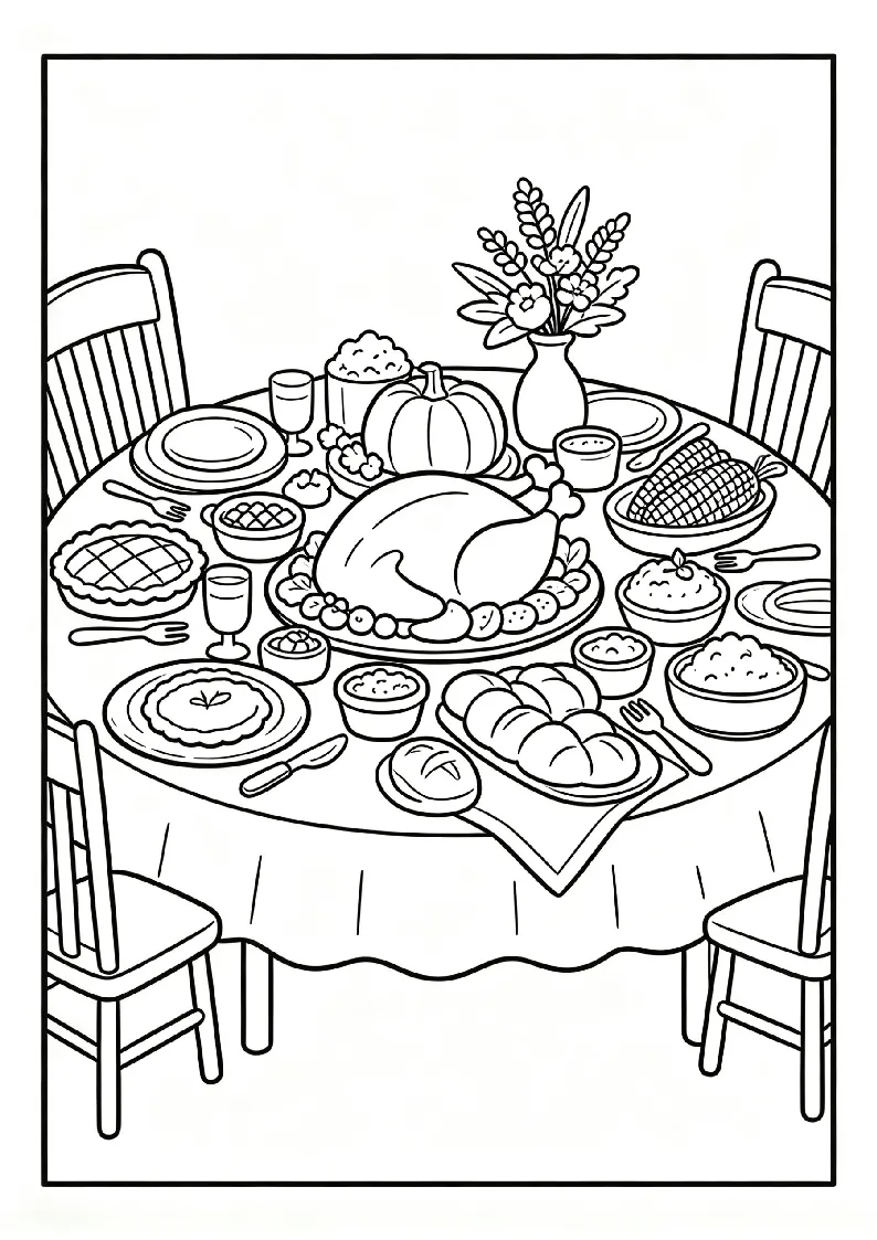 Thanksgiving Dinner Table Feast coloring page, black outline drawing ready to print