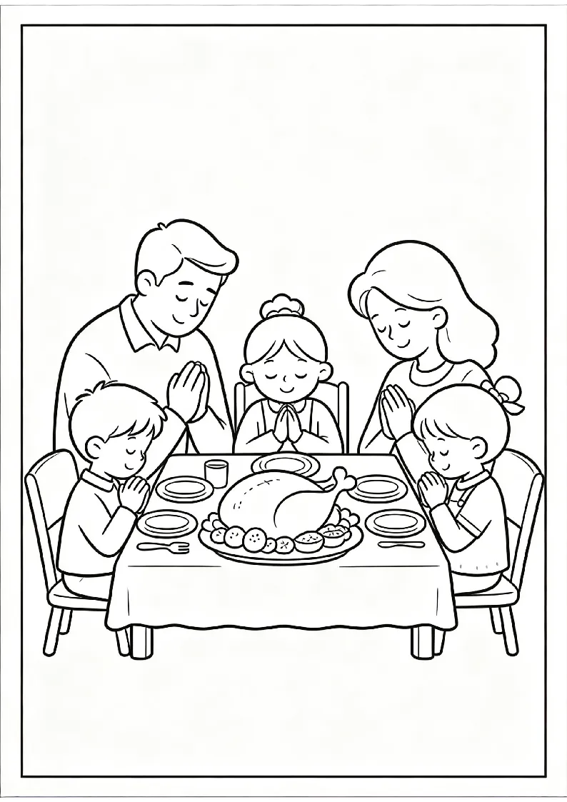 Family Saying Grace at the Table coloring page, black outline drawing ready to print