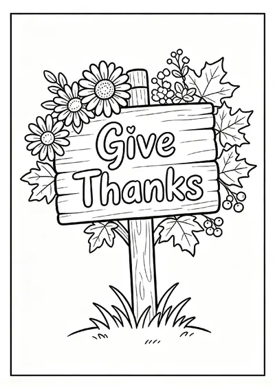 Give Thanks Sign with Autumn Flowers coloring page
