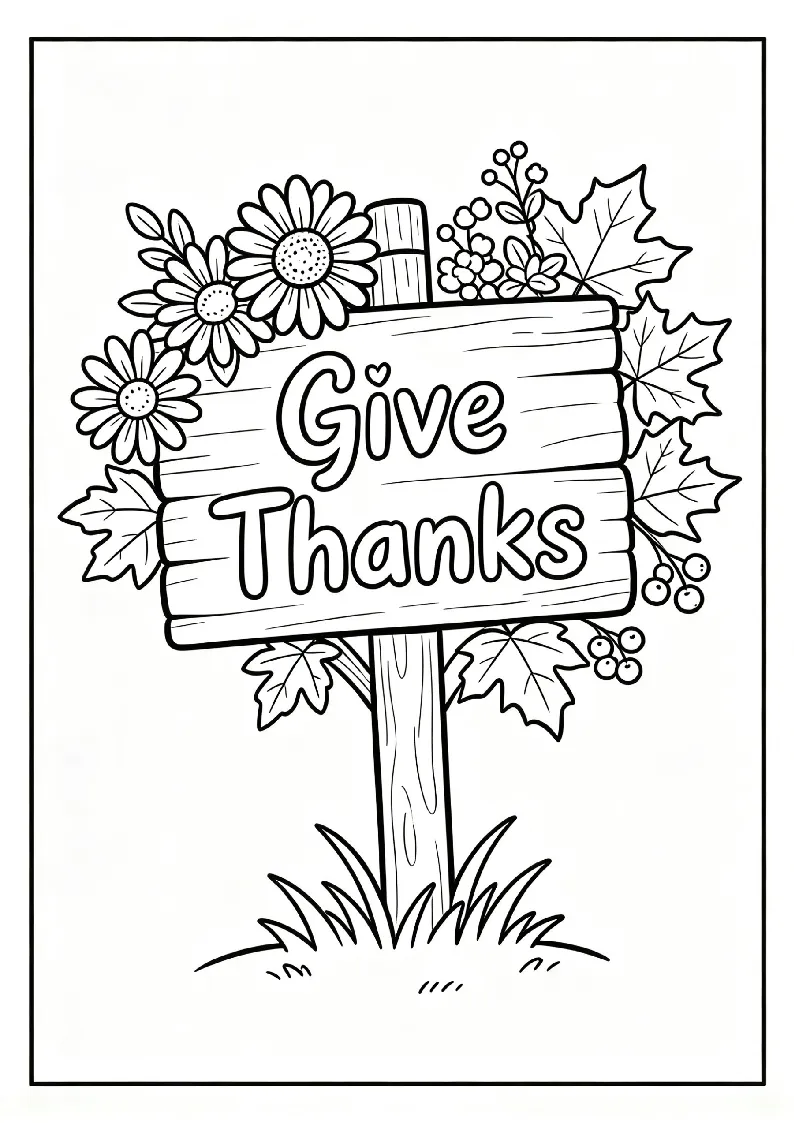 Give Thanks Sign with Autumn Flowers coloring page, black outline drawing ready to print