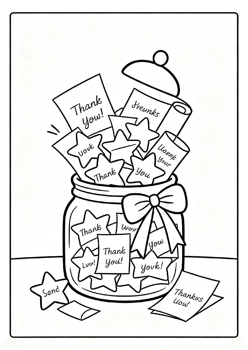 Gratitude Jar with Thankful Notes coloring page, black outline drawing ready to print