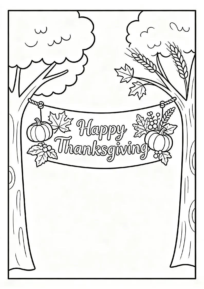 Happy Thanksgiving Banner with Pumpkins coloring page, black outline drawing ready to print