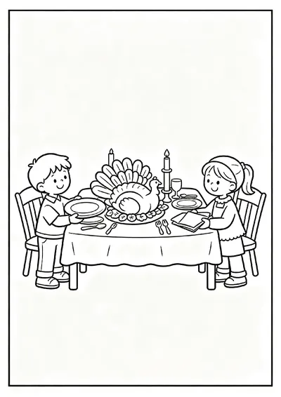 Kids Setting the Thanksgiving Table coloring page