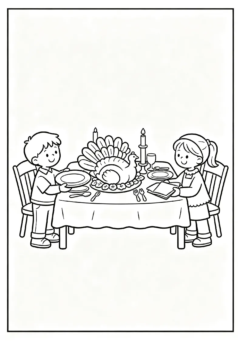 Kids Setting the Thanksgiving Table coloring page, black outline drawing ready to print