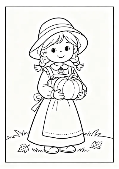 Little Pilgrim Girl Holding Pumpkins coloring page