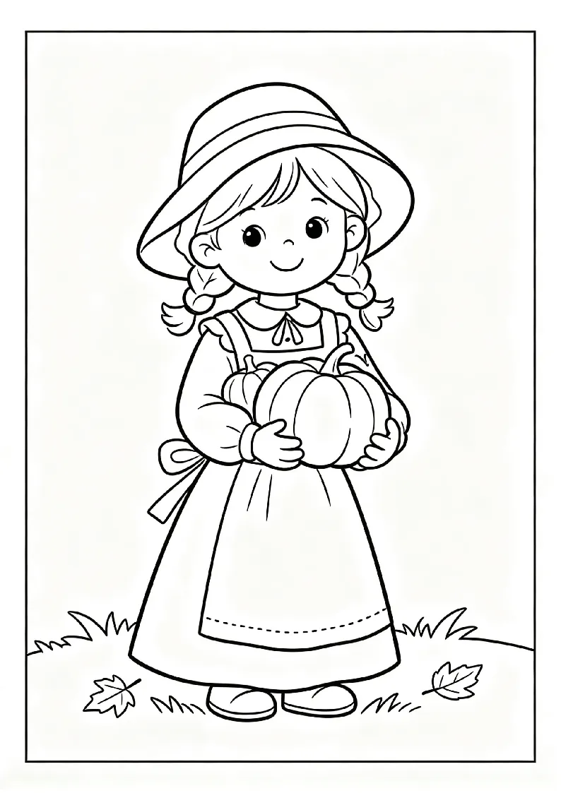 Little Pilgrim Girl Holding Pumpkins coloring page, black outline drawing ready to print