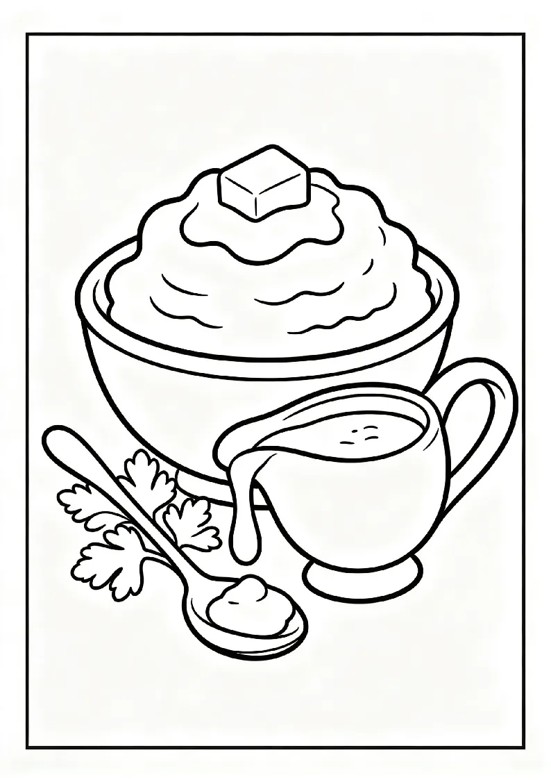 Mashed Potatoes and Gravy Boat coloring page, black outline drawing ready to print