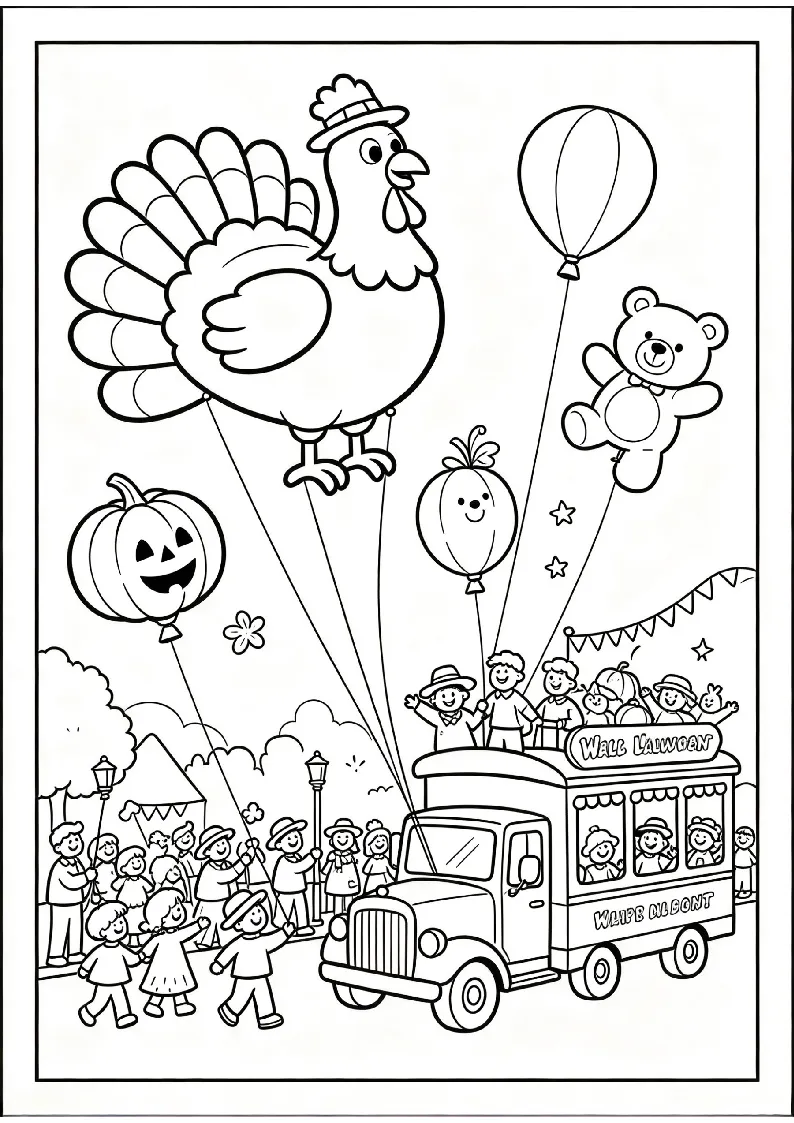 Thanksgiving Parade Balloons coloring page, black outline drawing ready to print
