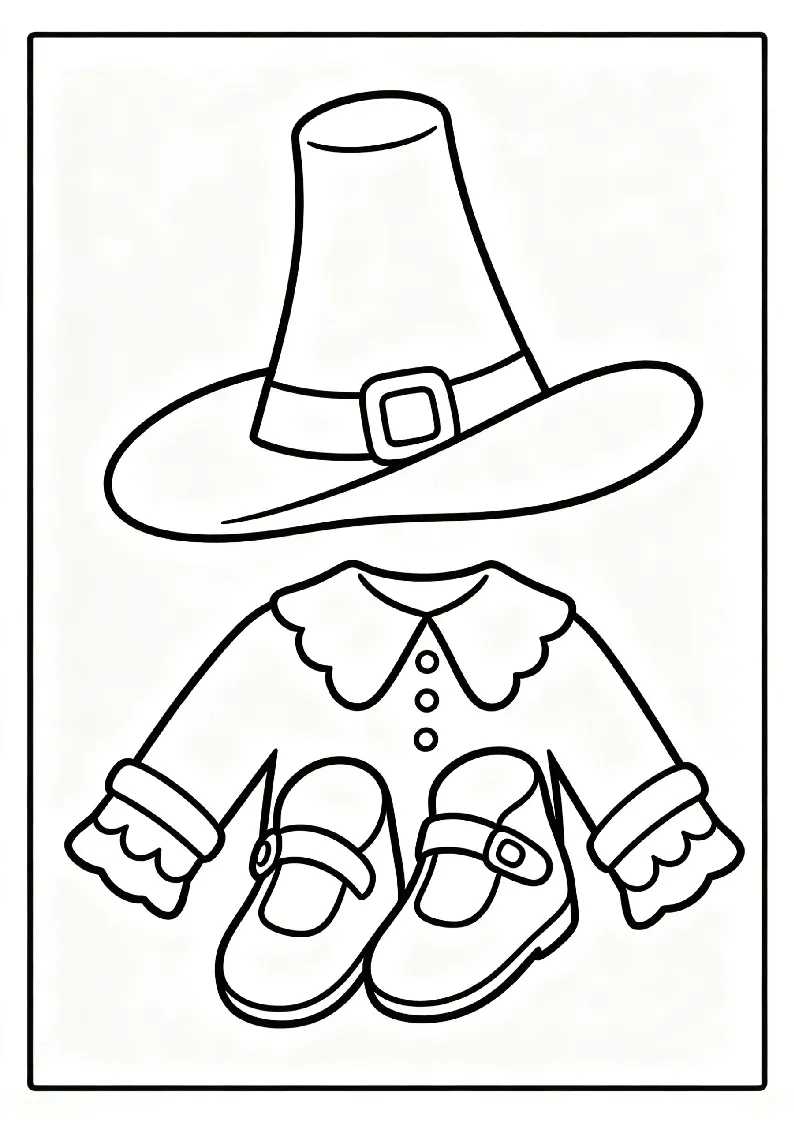 Pilgrim Hat and Buckle Shoes coloring page, black outline drawing ready to print