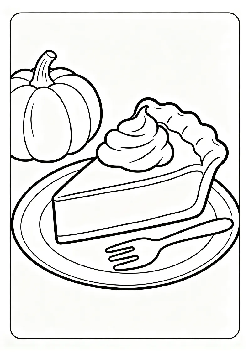 Pumpkin Pie with Whipped Cream coloring page, black outline drawing ready to print