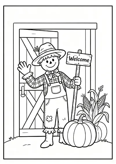 Scarecrow Welcoming Thanksgiving Guests coloring page