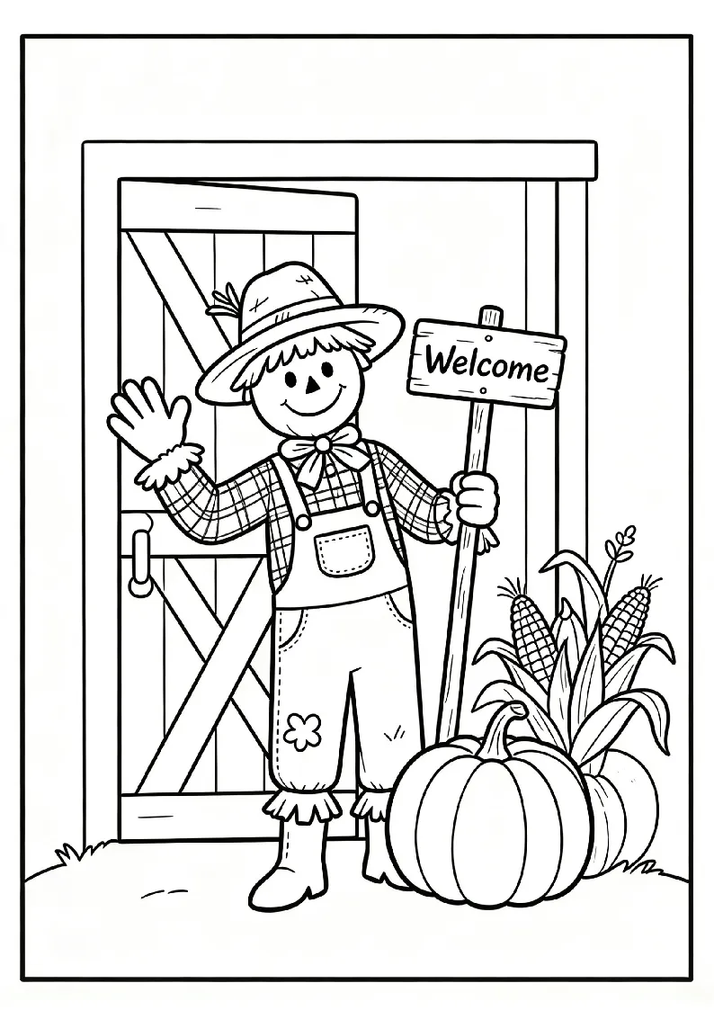 Scarecrow Welcoming Thanksgiving Guests coloring page, black outline drawing ready to print