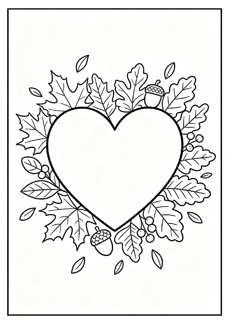 Thankful Heart with Autumn Leaves coloring page, black outline drawing ready to print