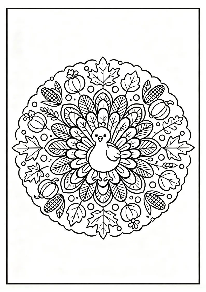 Thanksgiving Turkey Mandala coloring page, black outline drawing ready to print