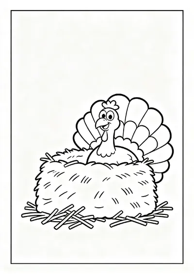 Turkey Peeking from Behind a Hay Bale coloring page