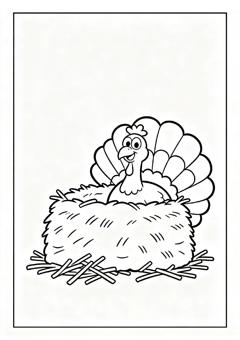 Turkey Peeking from Behind a Hay Bale coloring page, black outline drawing ready to print