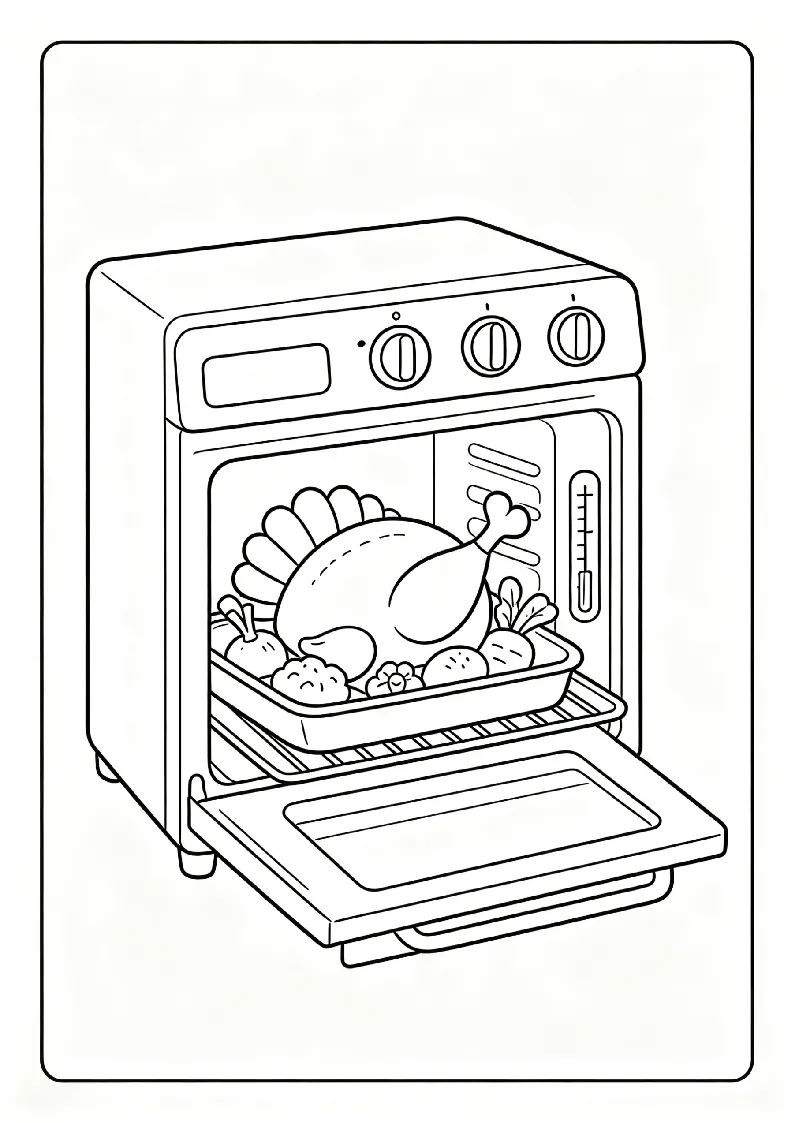 Turkey Roasting in the Oven coloring page, black outline drawing ready to print