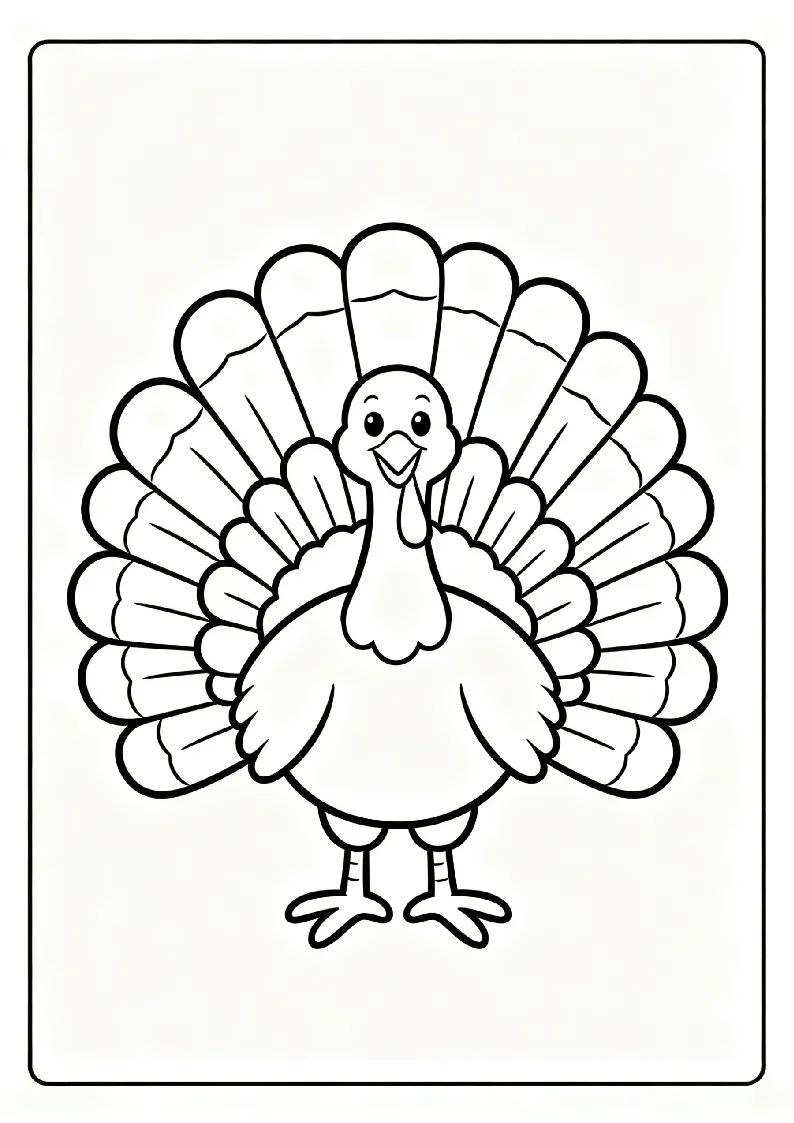 Turkey with Fanned Feathers coloring page, black outline drawing ready to print